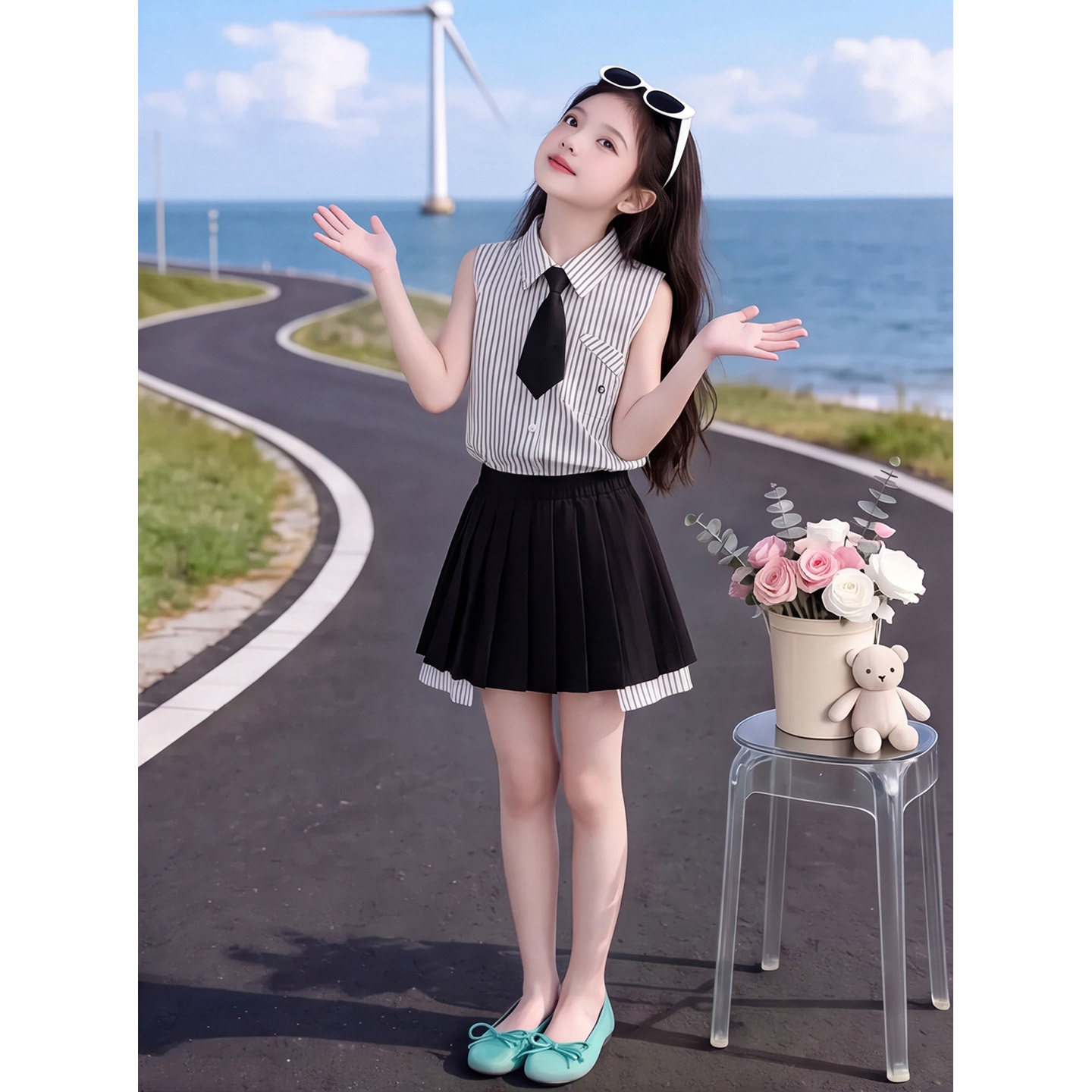 女童学院风条纹套装2026新款中大