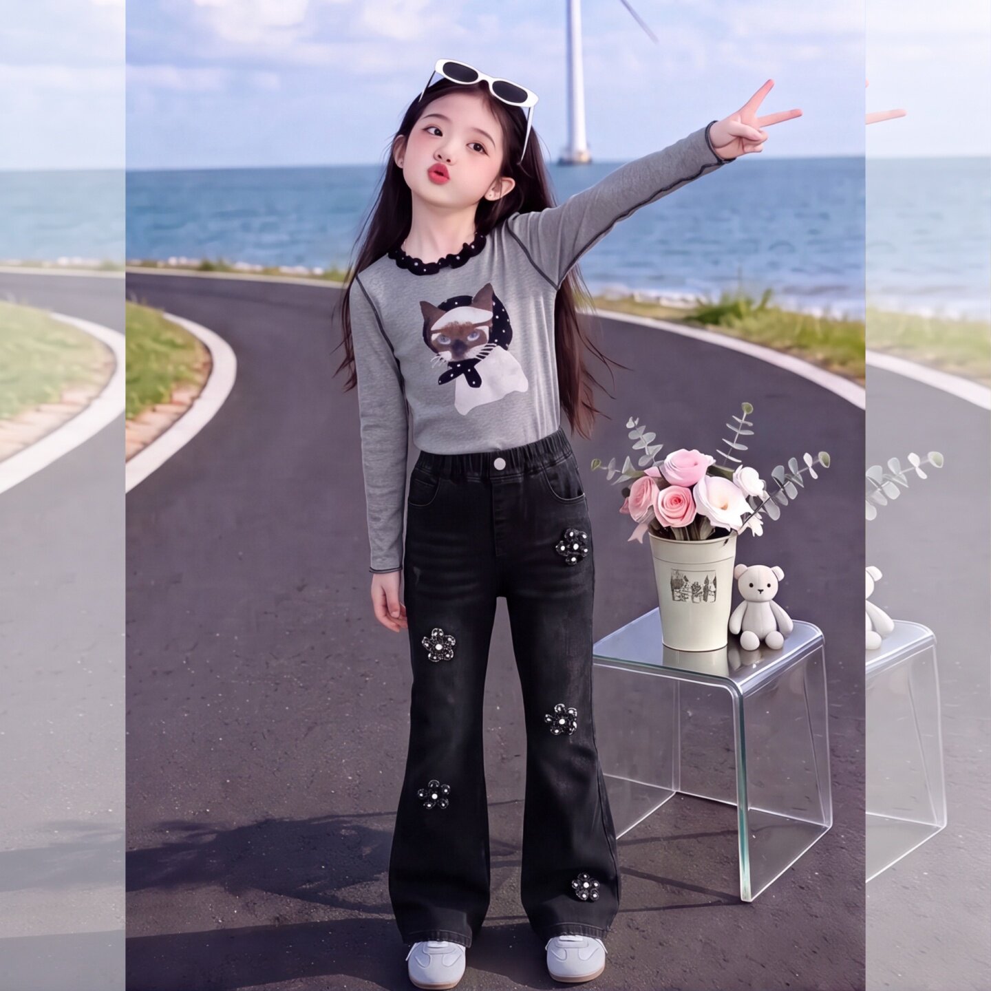 秋季新款儿童高腰喇叭牛仔裤女童