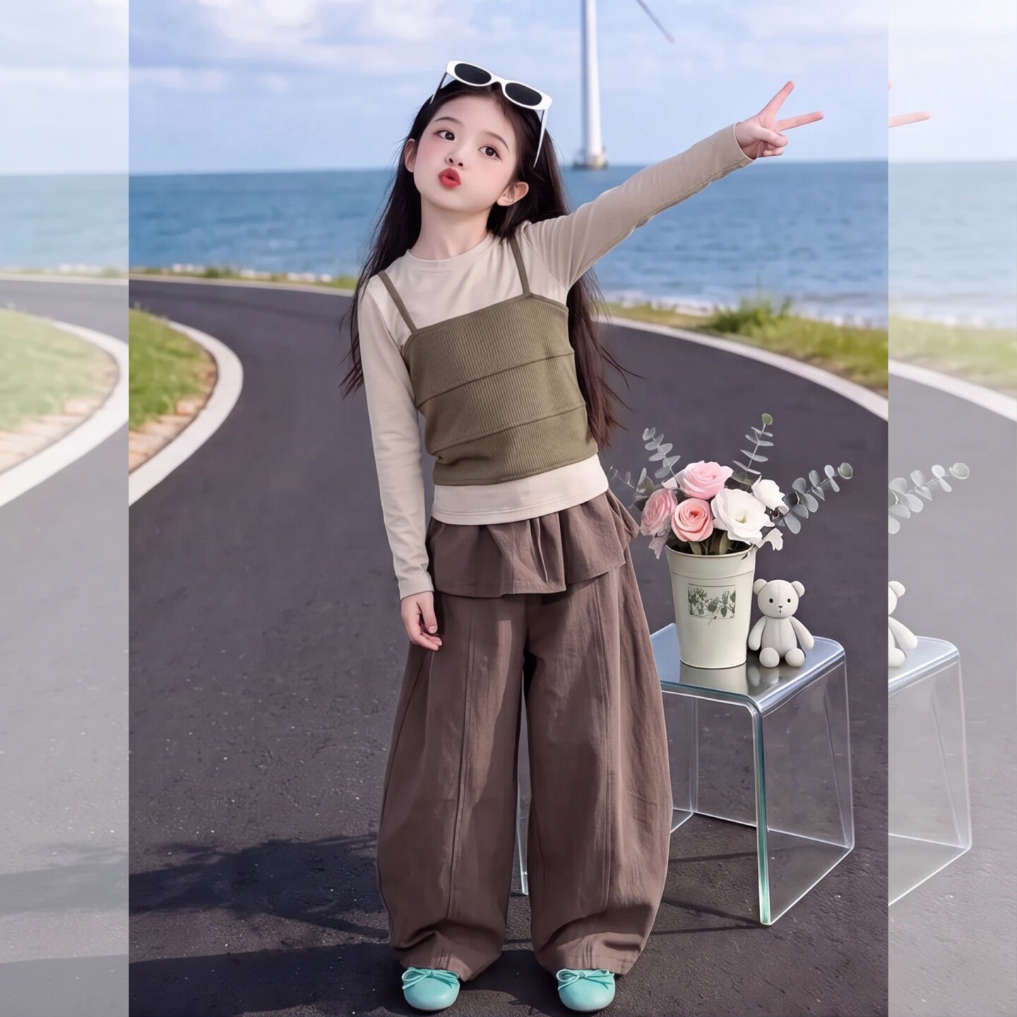 女童秋季长袖假两件卫衣T网红甜