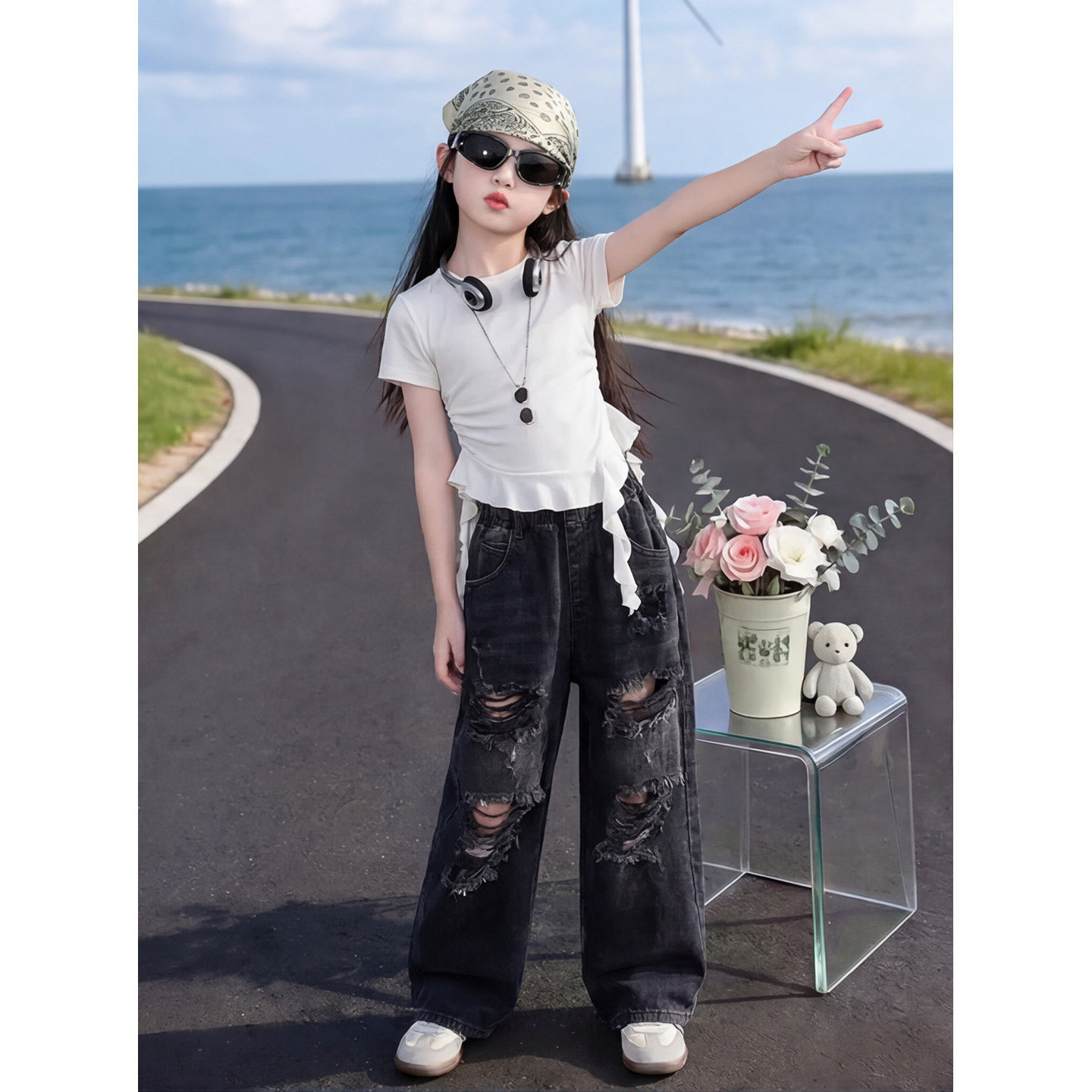 女童夏破洞牛仔裤高腰短袖T恤套