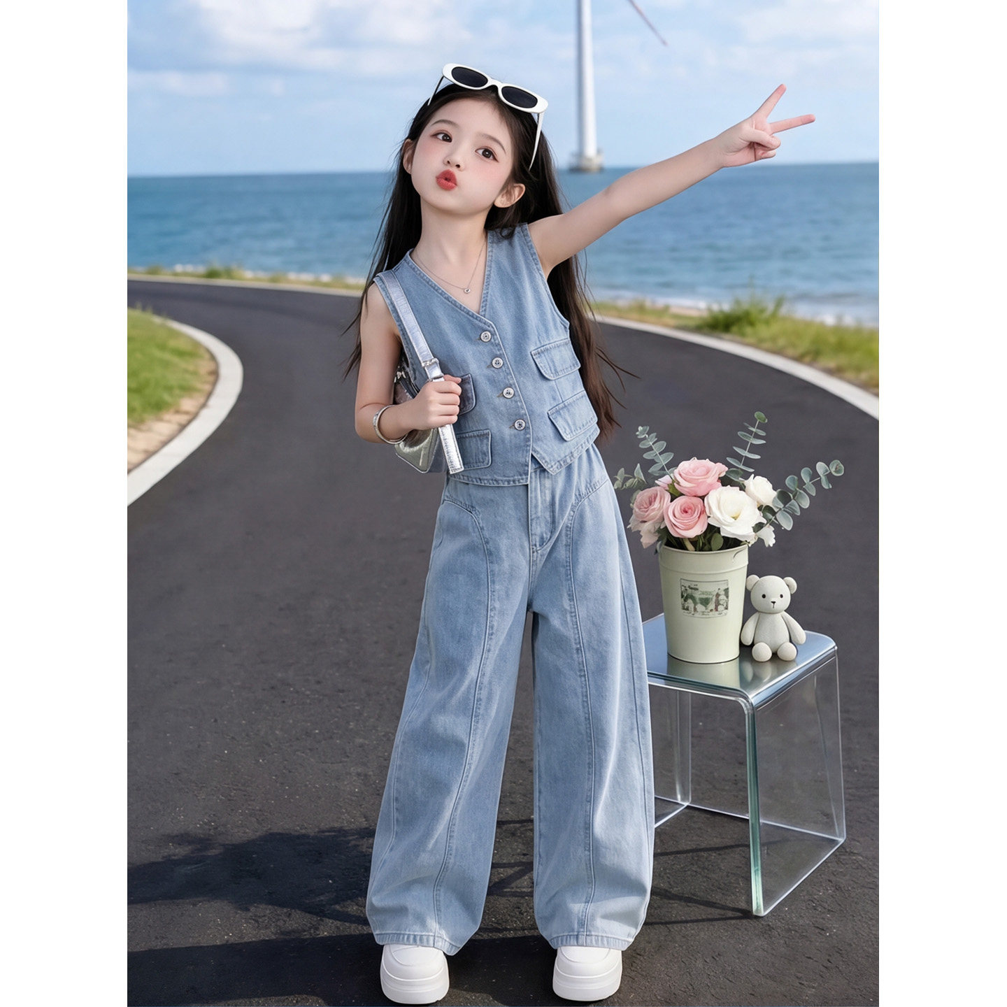 女童牛仔背心套装2026夏季新款洋气儿童薄款阔腿裤大童马甲两件套