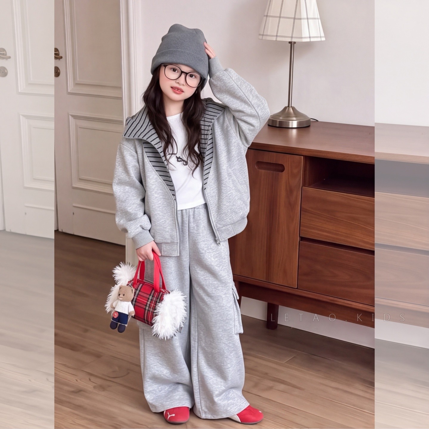 女童春秋拼条纹连帽工装运动套装