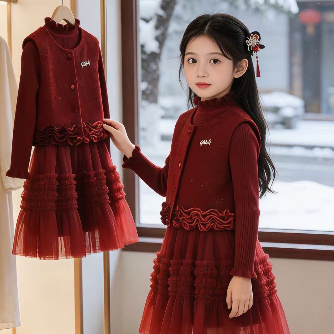 女童中国风连衣裙两件套秋冬新年拜年服红色网纱加绒中长裙公主裙