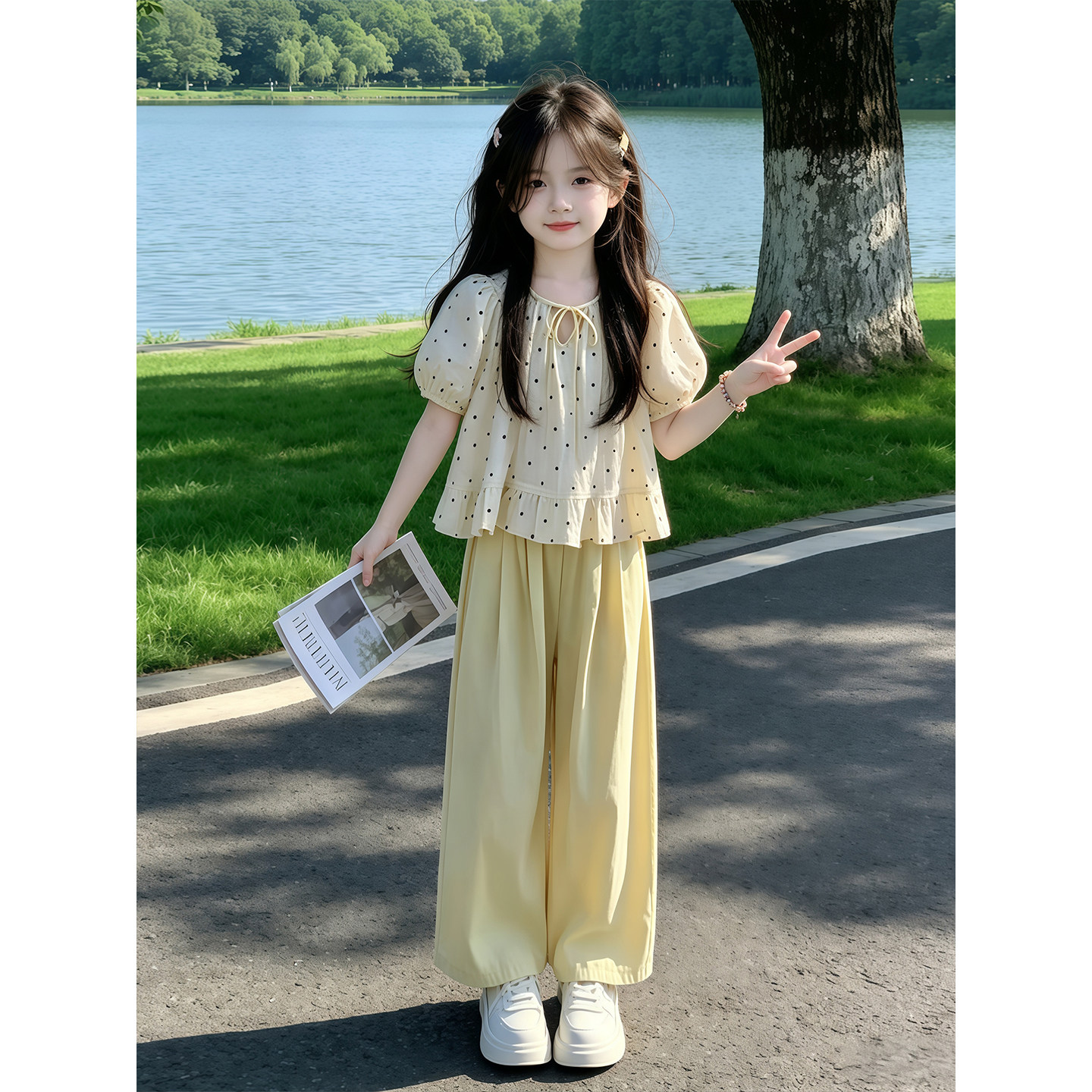 女童夏季套装2026新款儿童波点泡泡袖上衣夏装女孩阔腿裤两件套潮