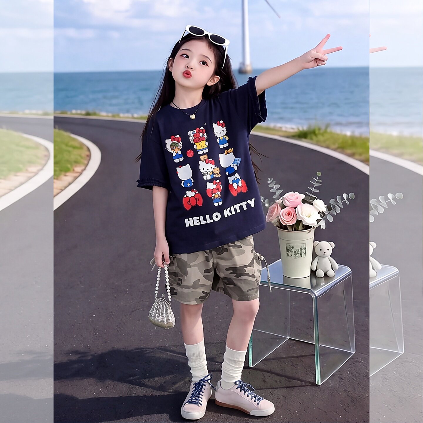 女童夏凯蒂猫短袖上衣迷彩短裤套
