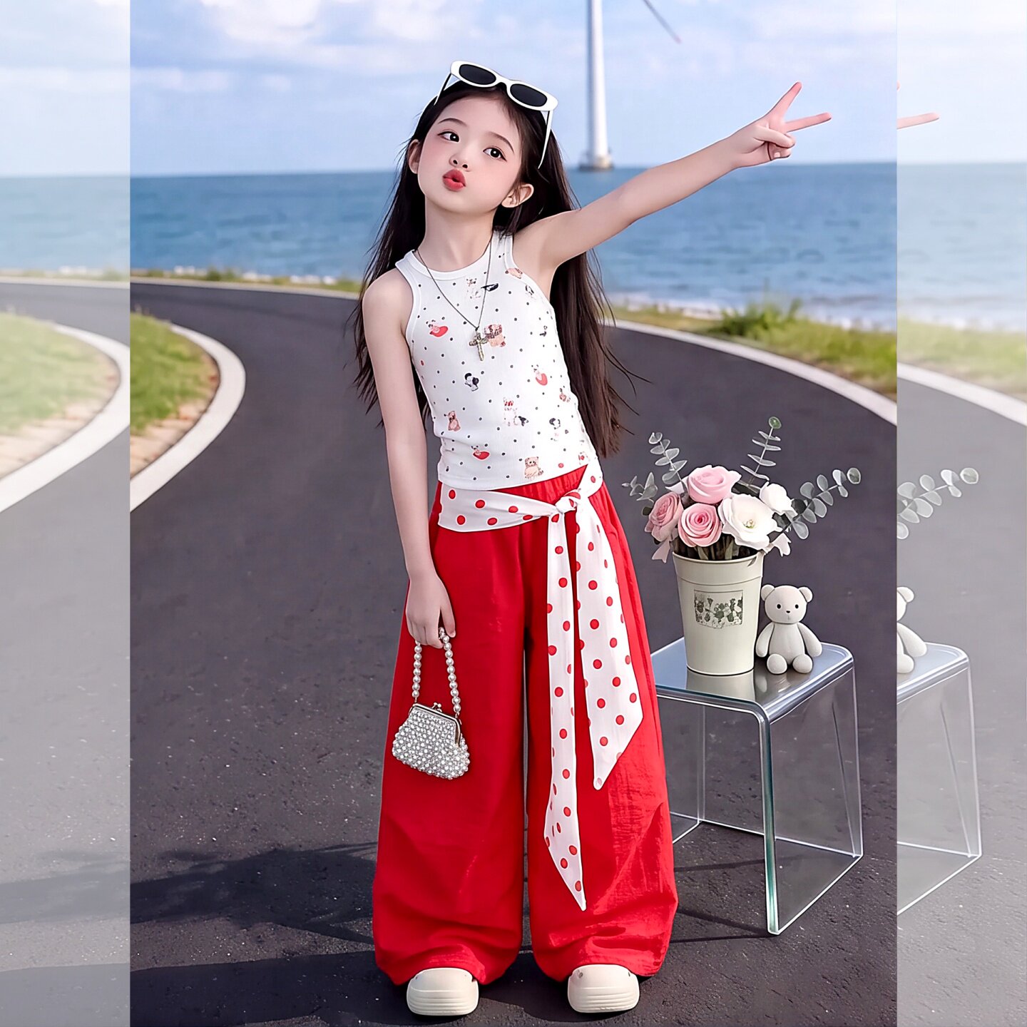 辣妹装女童卡通红色裤子美式背心