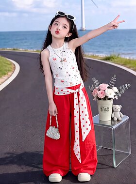 辣妹装女童卡通红色裤子美式背心
