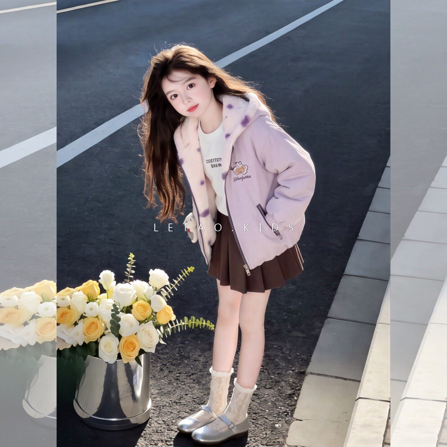 女童秋冬加厚波点连帽棉服中大童洋气休闲毛毛衣两面穿女孩外套
