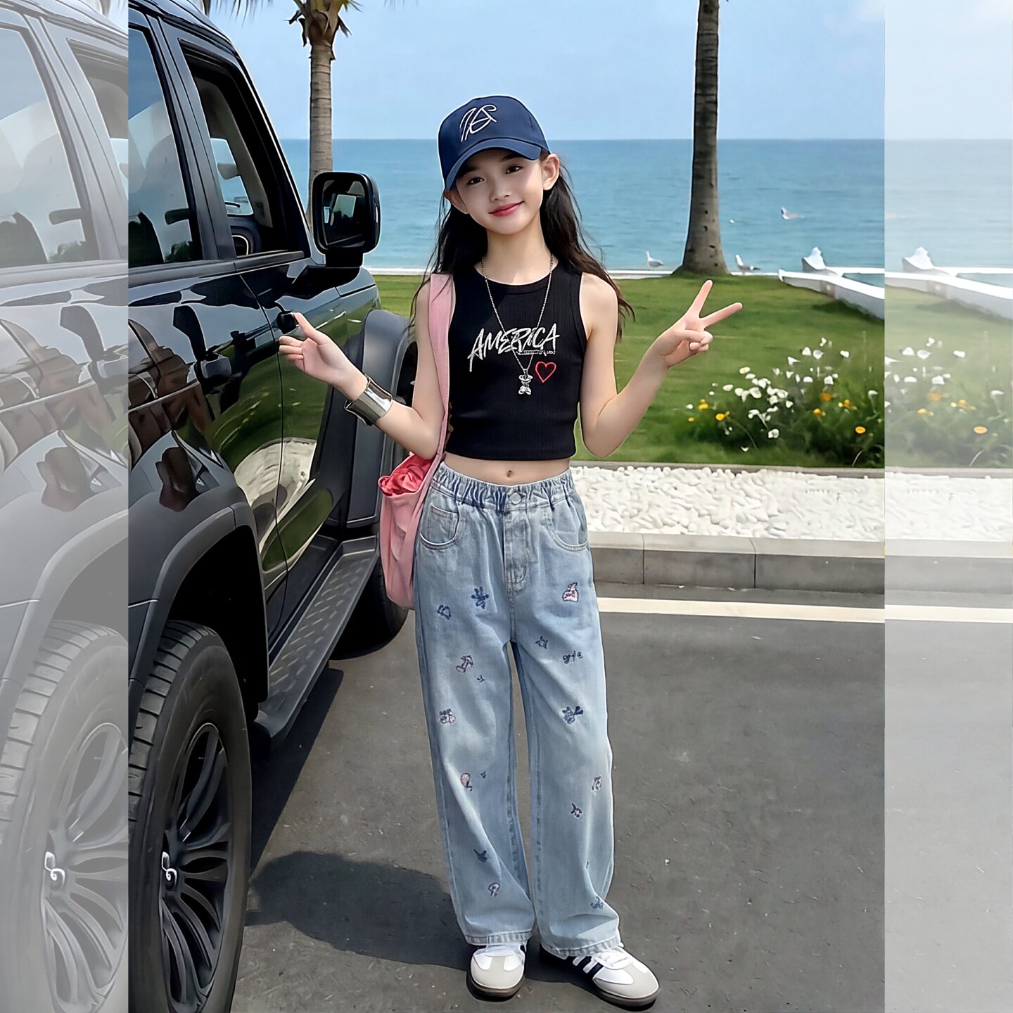 女童夏季刺绣牛仔阔腿裤松紧腰薄
