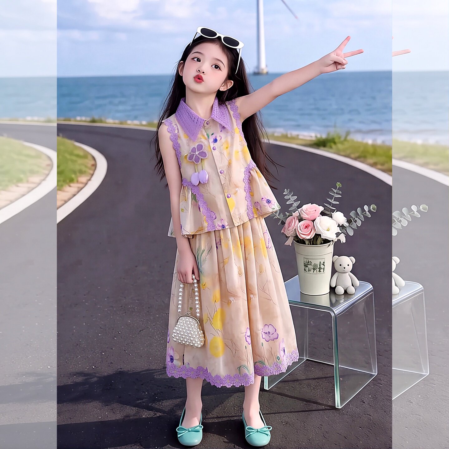 女童花朵娃娃衫八分裤套装2026新