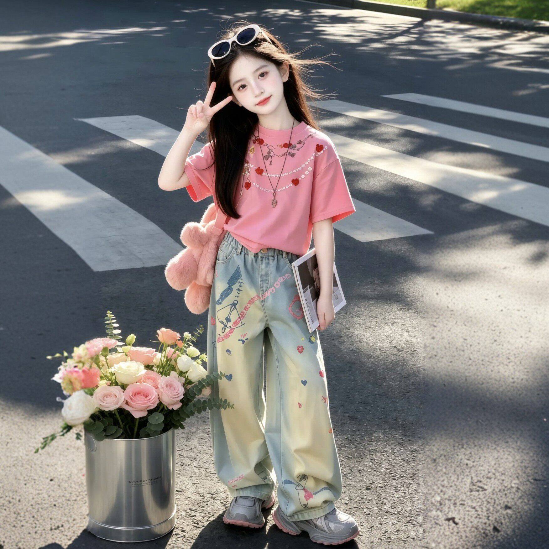 女童短袖T恤套装夏季2026新款儿童巨好看独特漂亮夏装女孩阔腿裤t