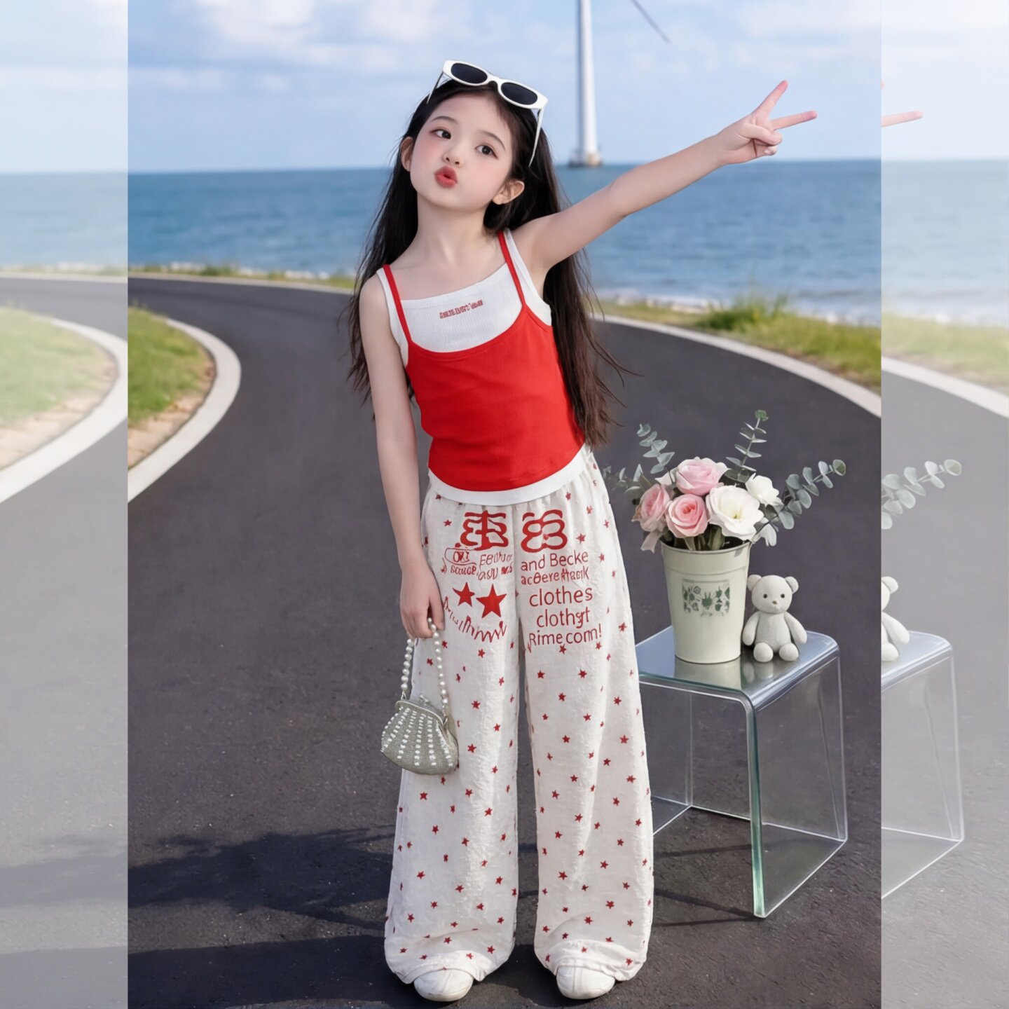 女童红色双吊带背心星星拖地阔腿