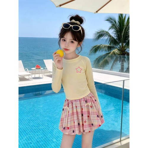 女童泳衣2026夏季新款儿童两件式游泳衣大童海边长袖防晒花苞裙泳