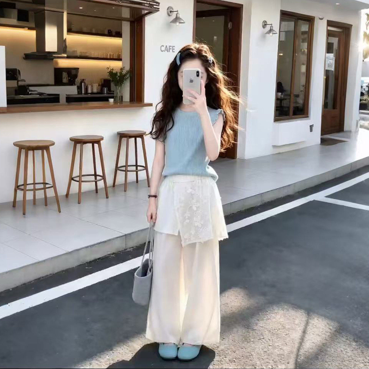 女童夏季新款蕾丝屁帘白色裤子无袖背心阔腿裤两件套洋气韩系套装