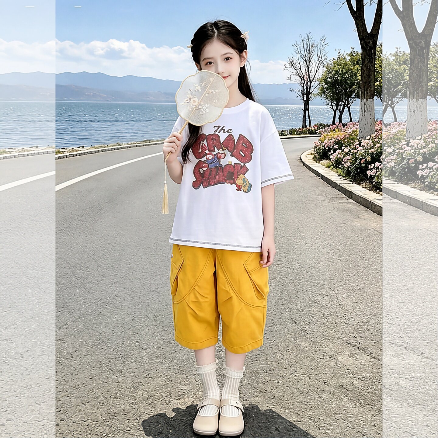 女童T恤套装2026新款潮酷字母短袖个性弯刀工装中裤大童炸街夏装9