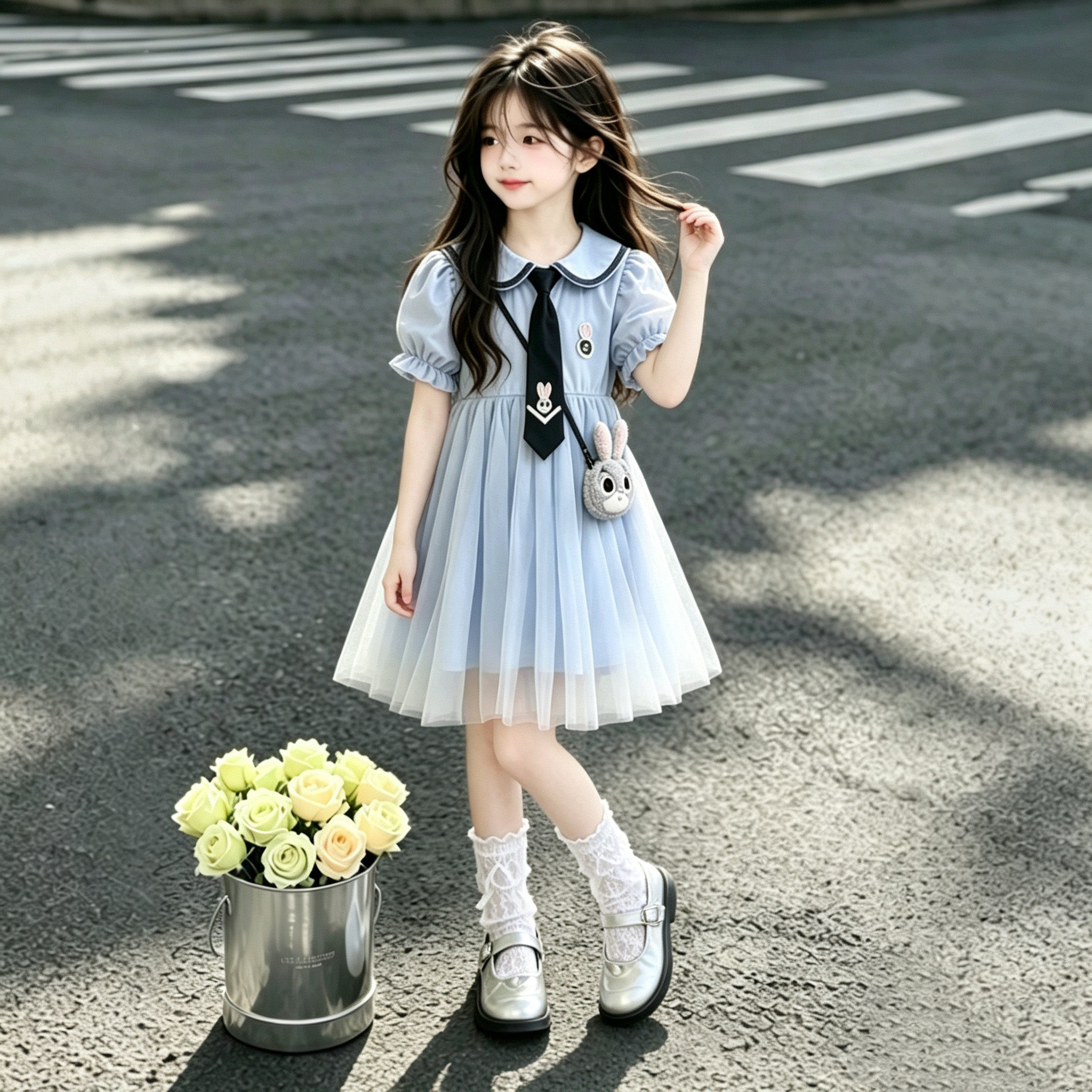女童朱迪兔子警官连衣裙夏装2026新款洋气儿童学院风夏季网纱裙子