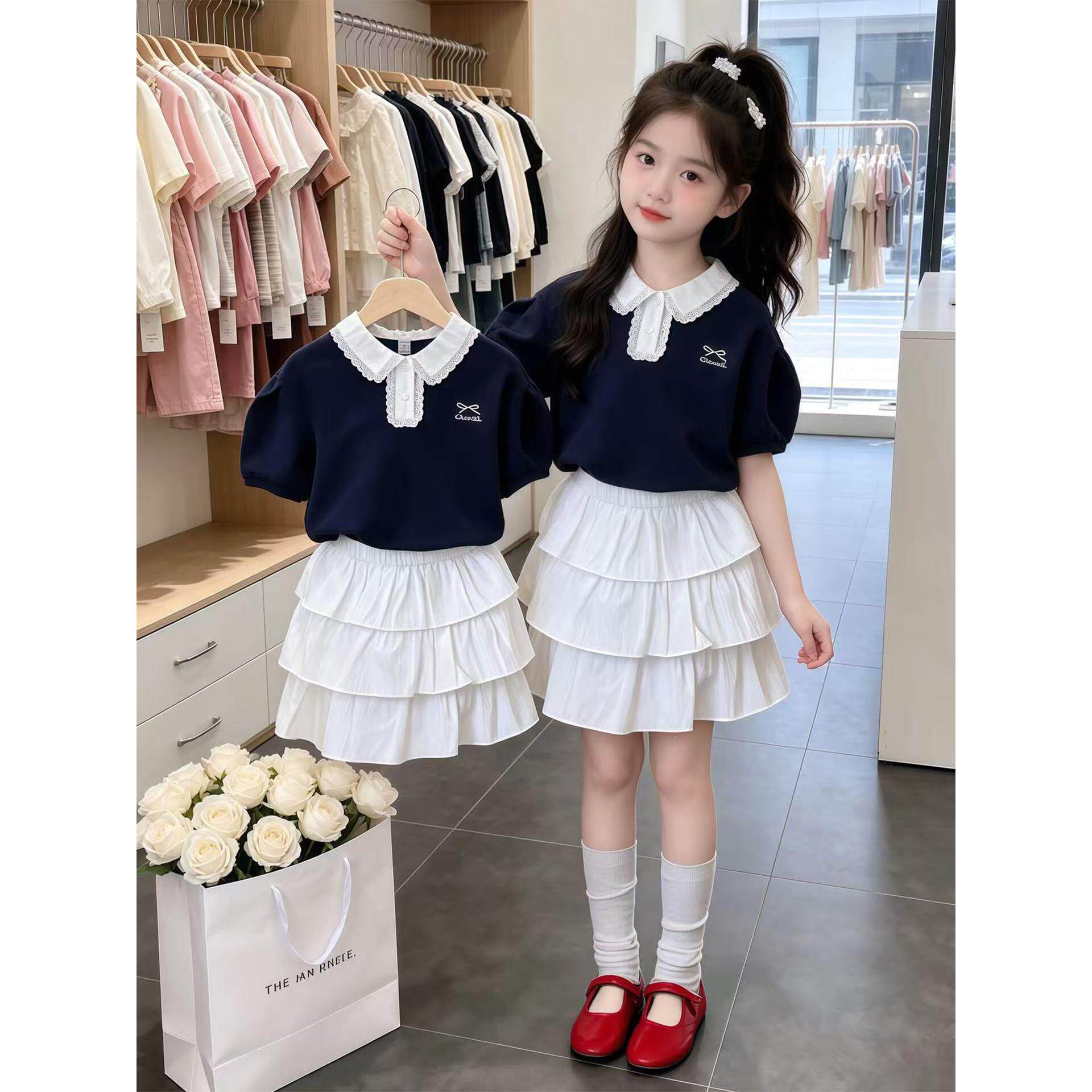 女童套装2026新款巨好看儿童polo衫短袖T恤独特漂亮半身裙两件套