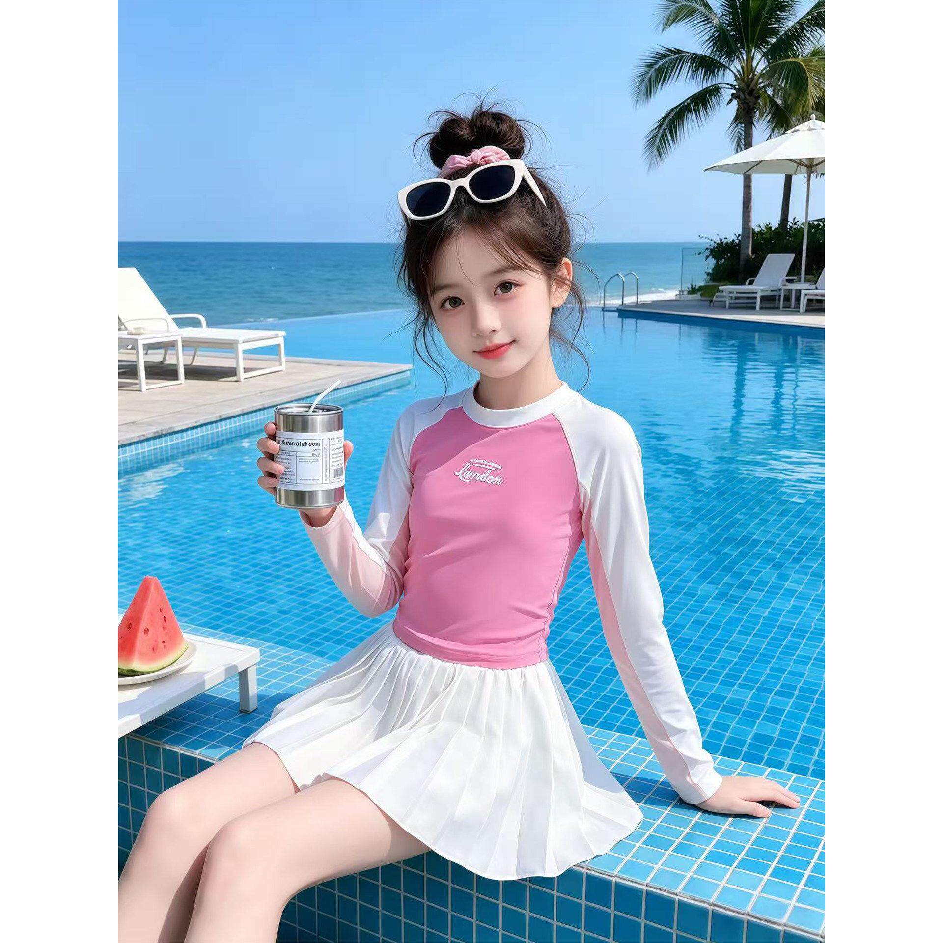 时尚女童防晒泳衣套装分体式2026新款中大童裙装游泳服儿童两件套