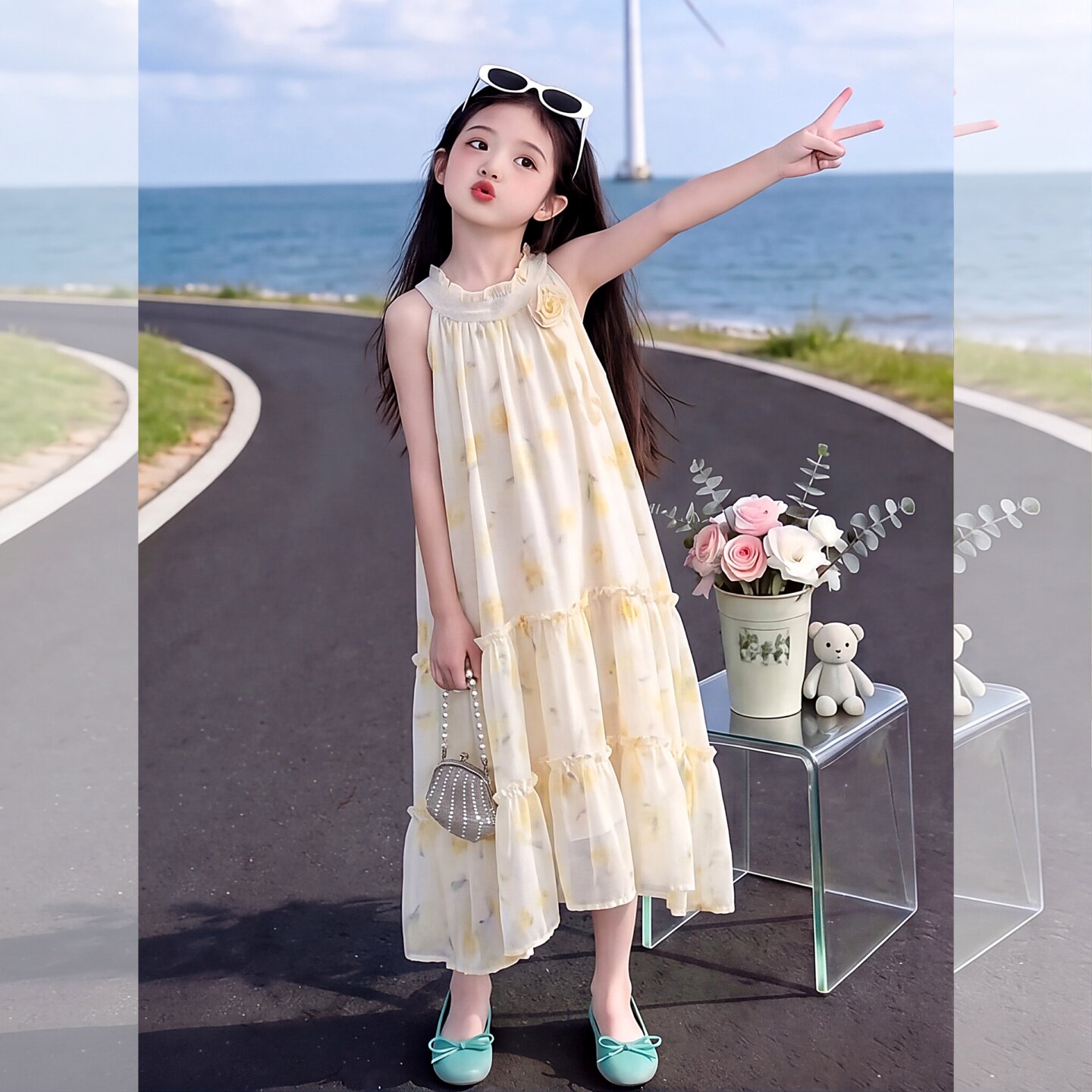 女童夏碎花雪纺洋气无袖挂脖长裙