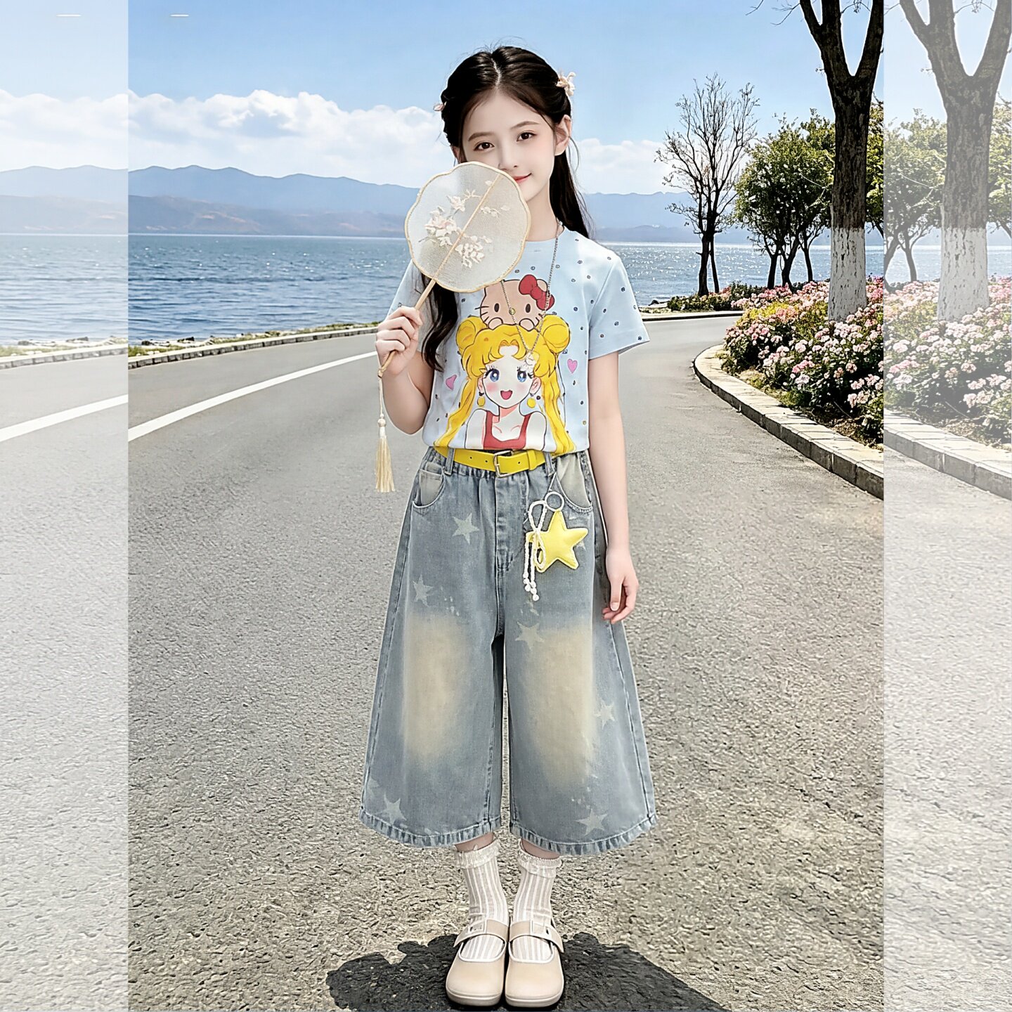 女童牛仔裤七分裤夏季薄款儿童裤子百搭宽松中大童休闲夏装阔腿裤