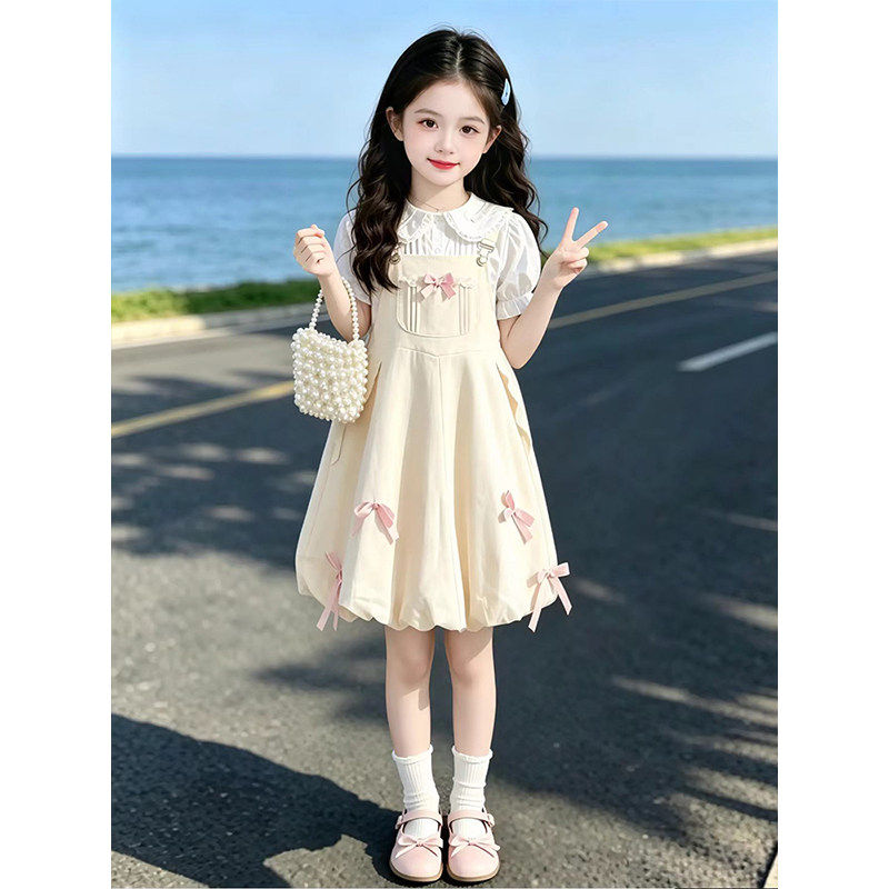 女童夏季连衣裙2026新款儿童娃娃领T恤夏装女孩蝴蝶结背带裙套装