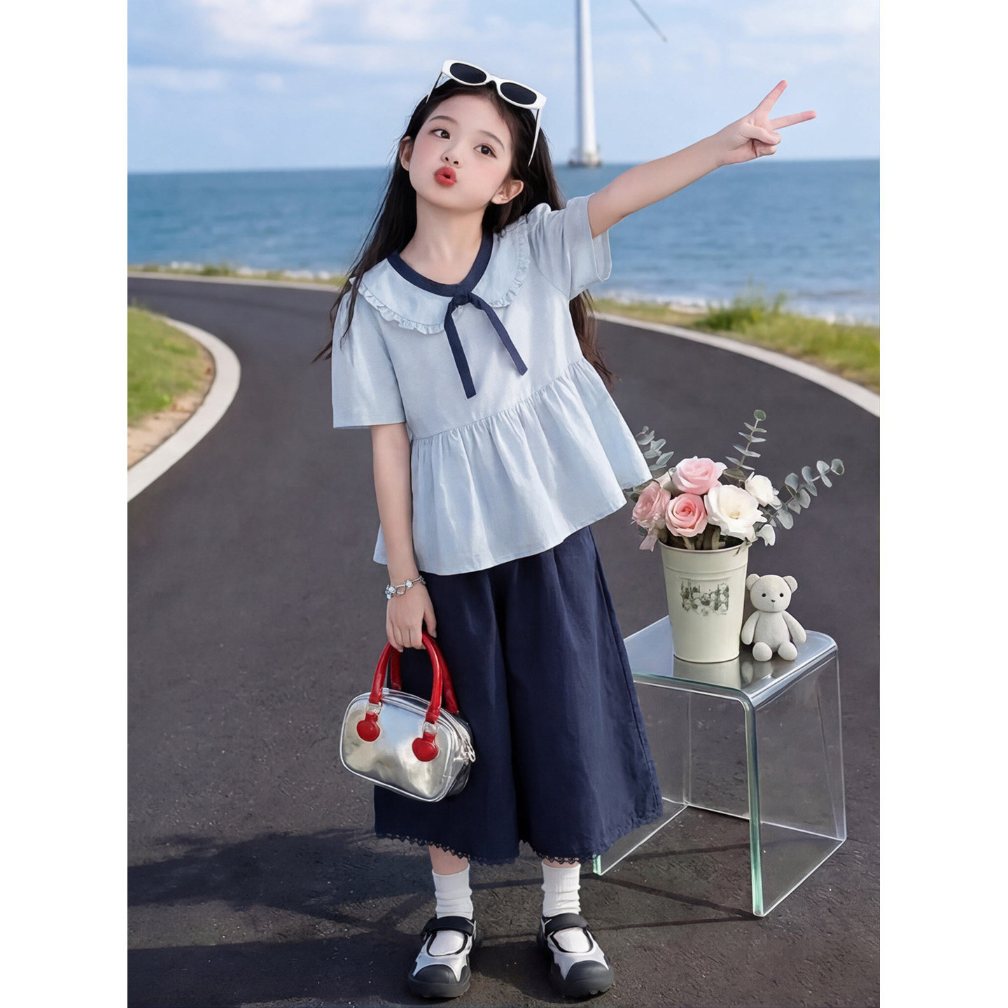 女童夏季娃娃领短袖衬衫阔腿裤套