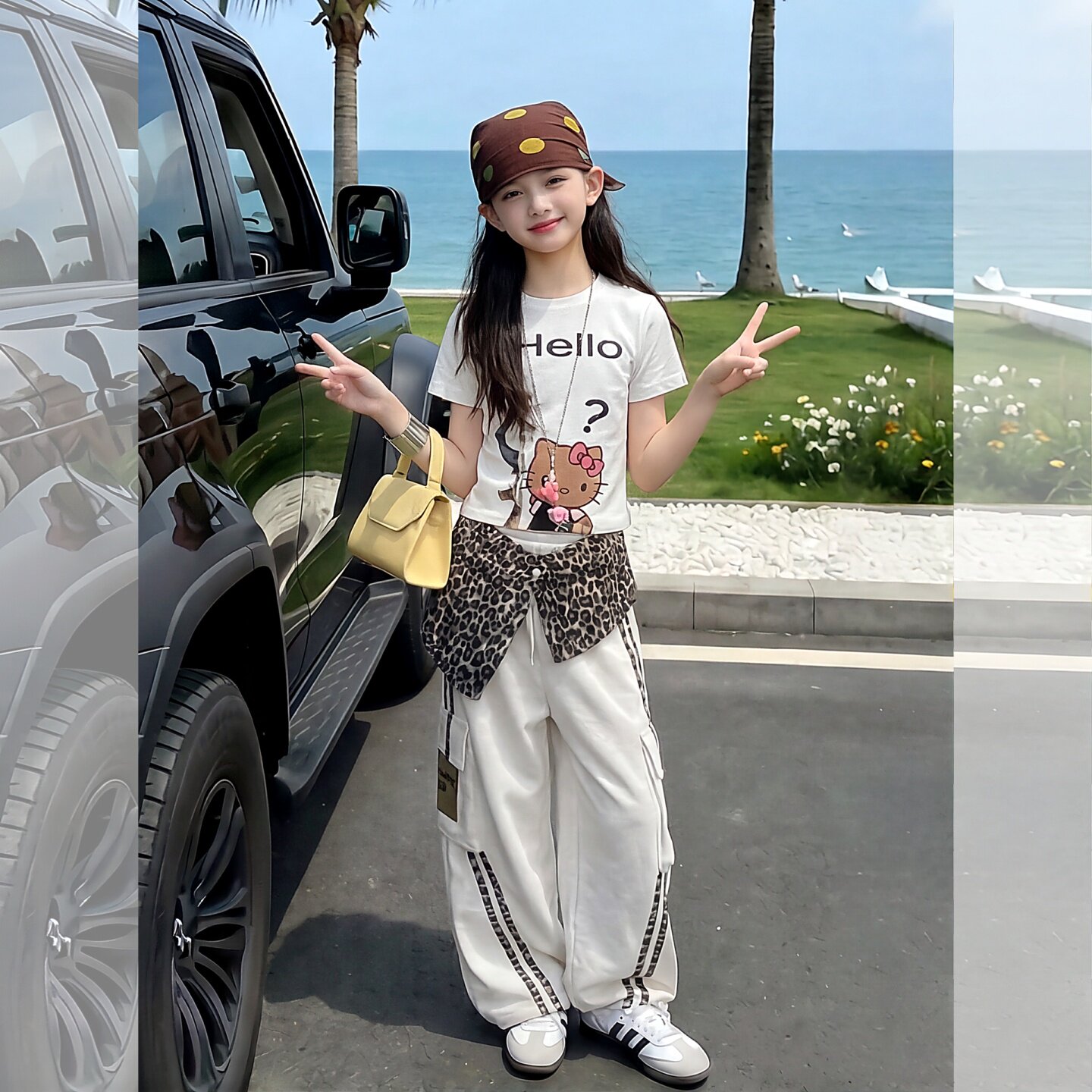 女童夏季薄款短袖阔腿豹纹裤套装