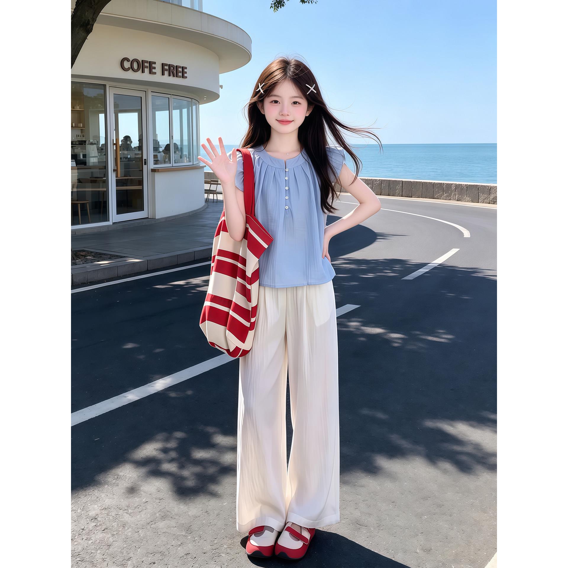 女童夏季休闲套装2026新款儿童洋气飞袖上衣女孩薄款阔腿裤两件套