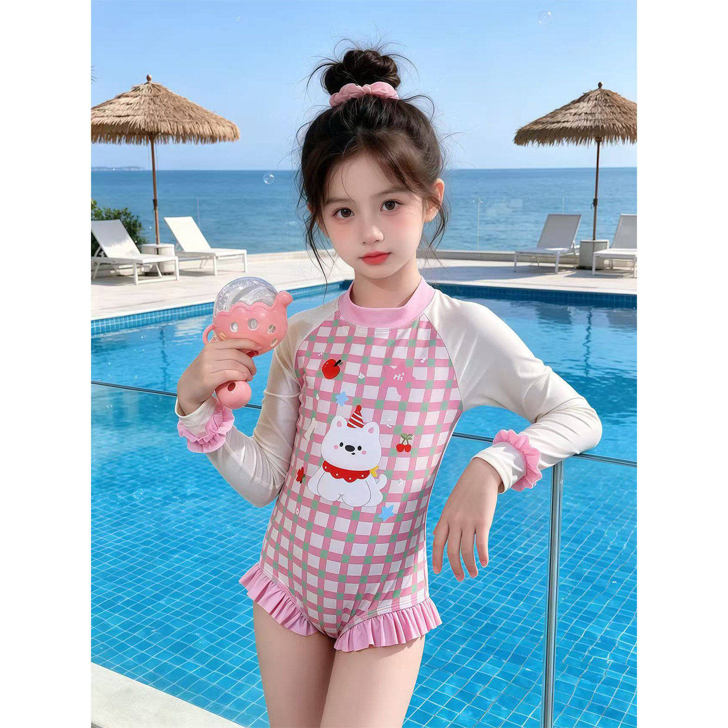 泳衣女儿童2026新款夏季女童花边卡通连身游泳衣女孩好看长袖泳装