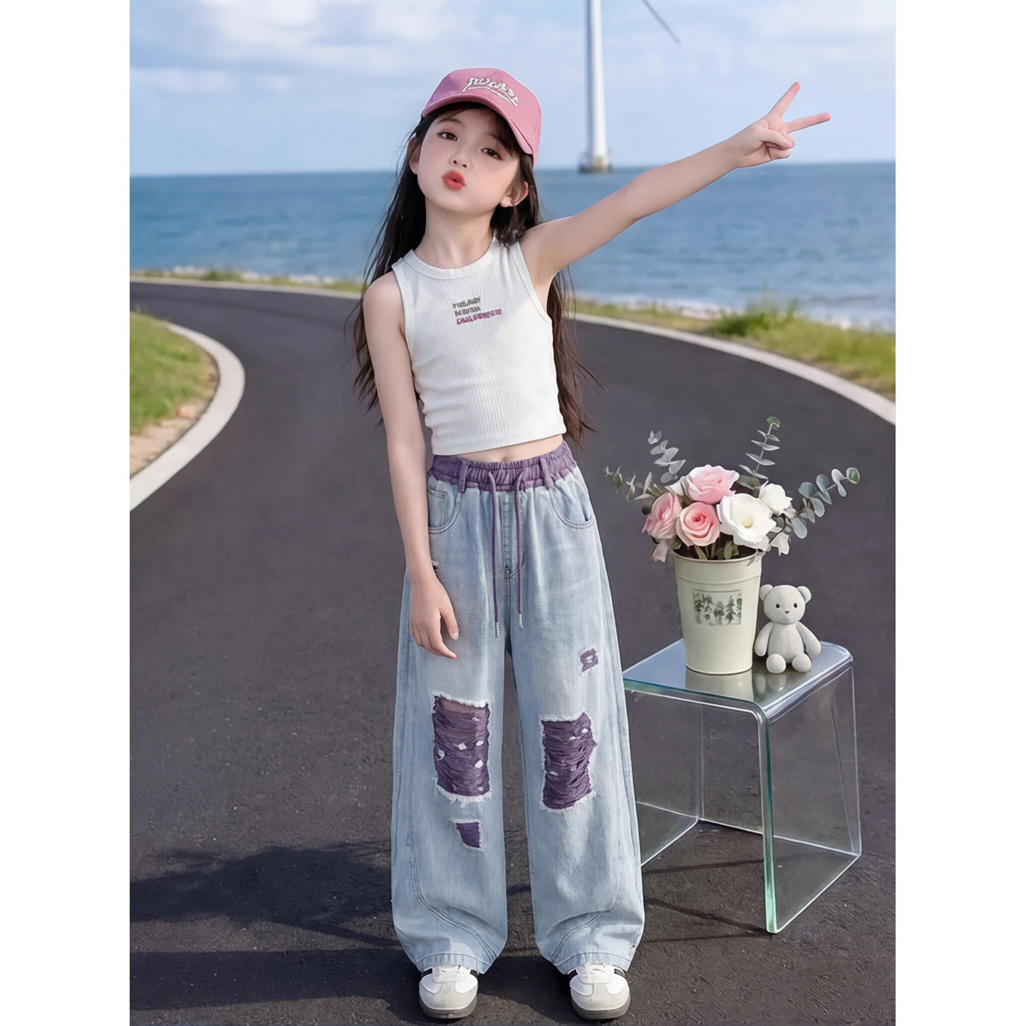 女童天丝牛仔裤夏季2026新款儿童破洞牛仔直筒裤薄款凉感弯刀裤子