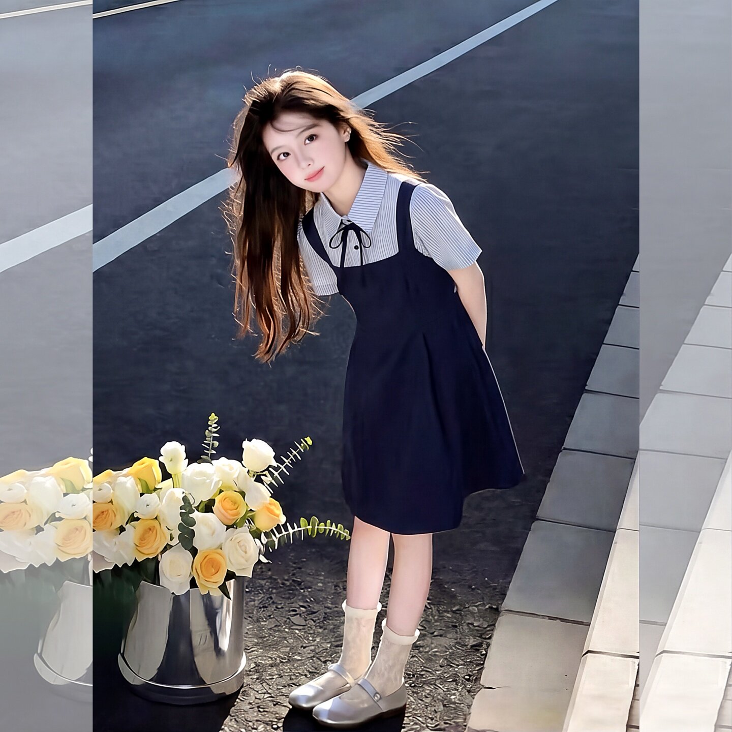 女童夏季翻领系带假两件条纹衬衫