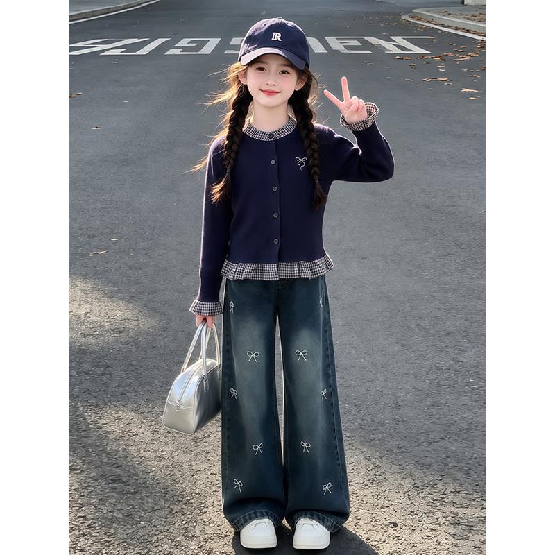 女大童早秋季休闲套装2026新款中大童蝴蝶结花边开衫阔腿裤两件套