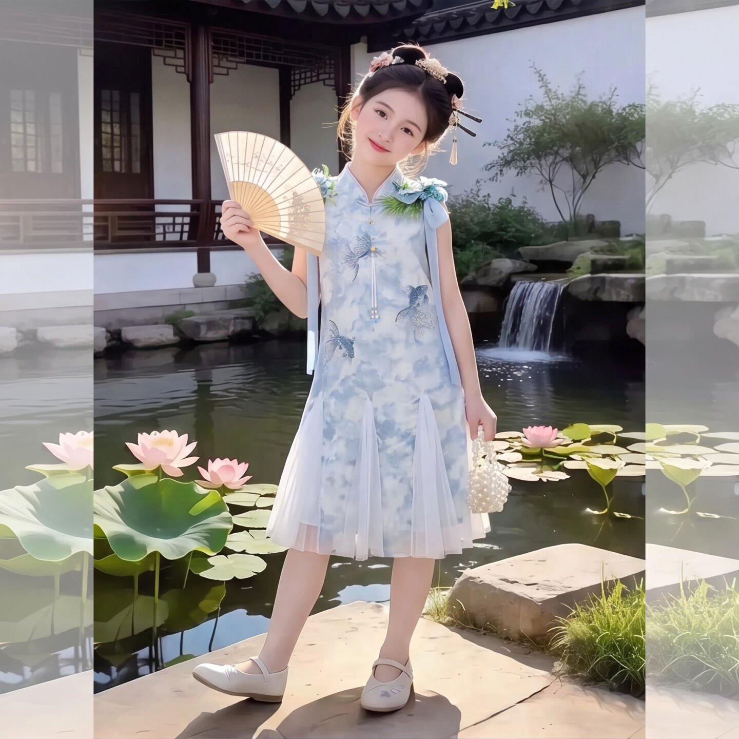 女童新中式国风改良拼色旗袍裙夏