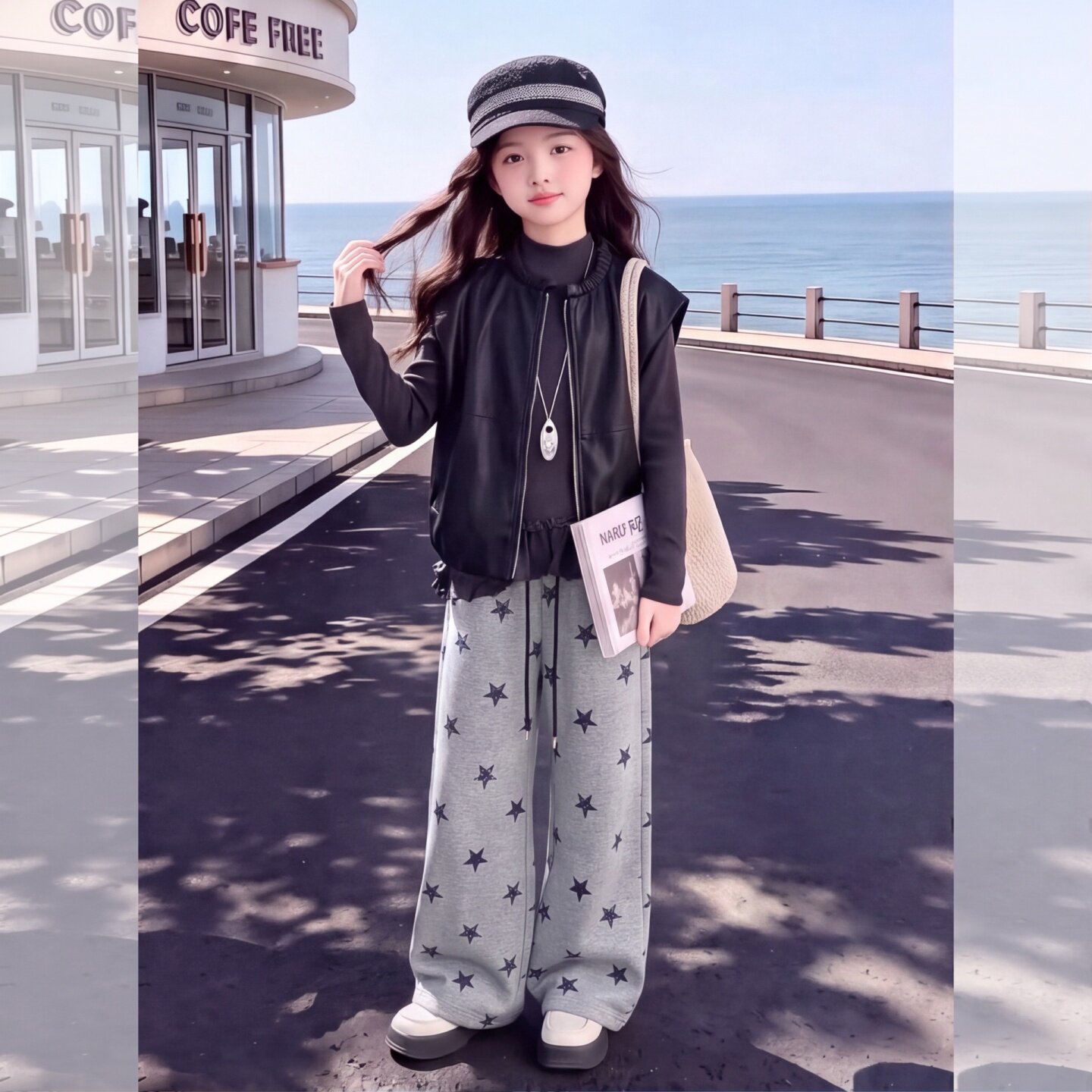 女童皮马甲打底衫休闲裤秋装套装