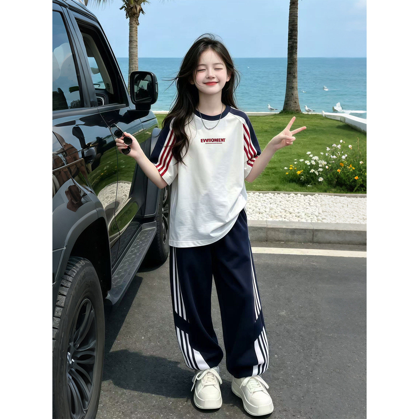 女童条纹休闲风套装2026夏季新款儿童百搭款运动风短袖长裤两件套