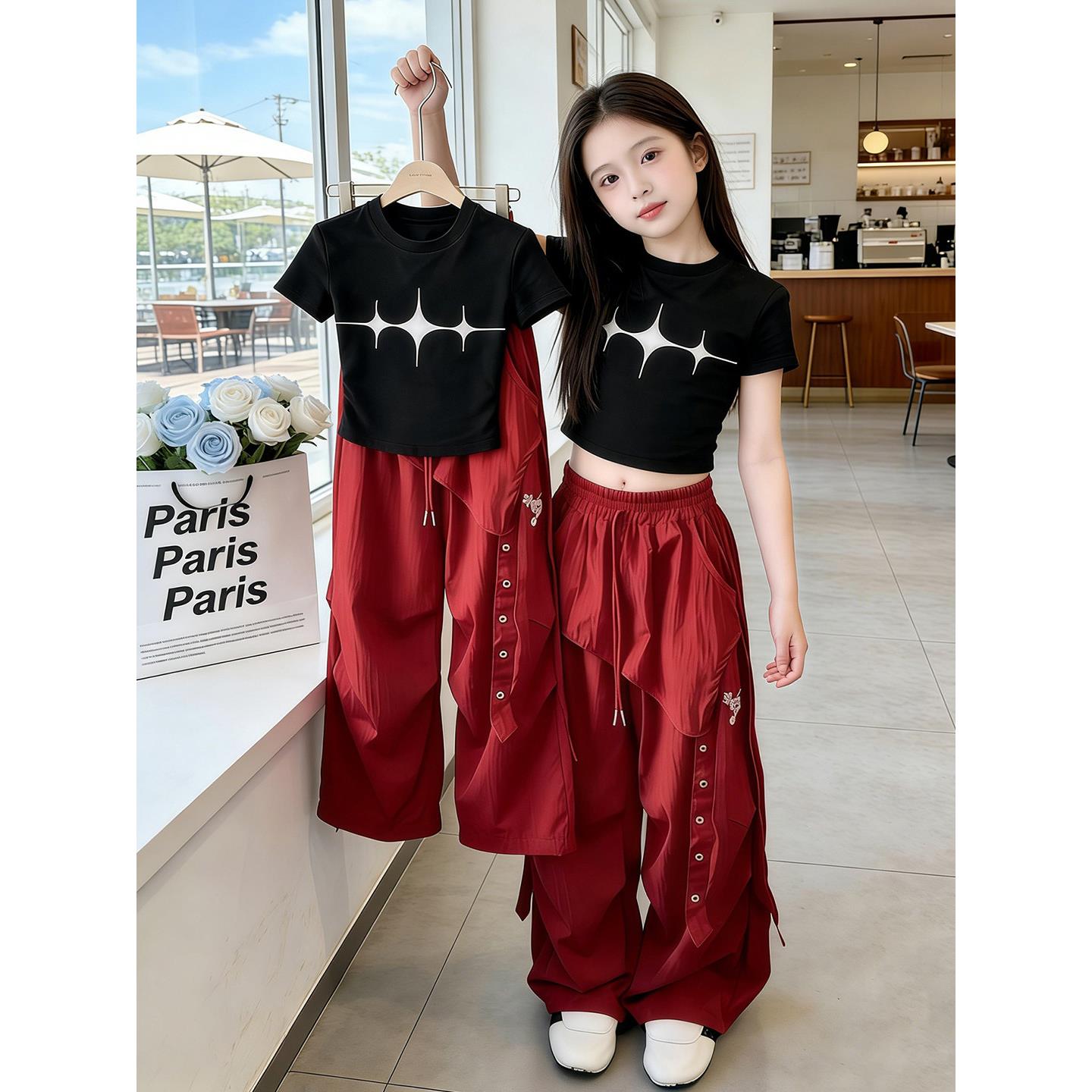 女童夏套装2026新款儿童爵士舞蹈服装洋气炸街工装裤大童运动夏装
