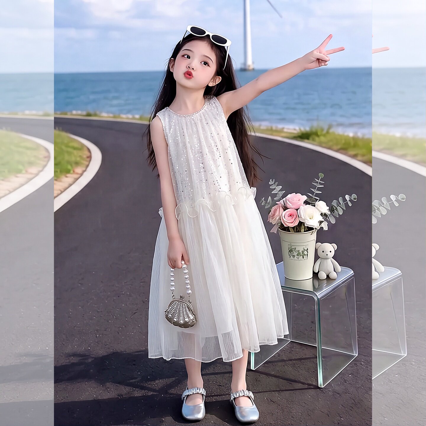 女童无袖亮片网纱连衣裙2026夏季