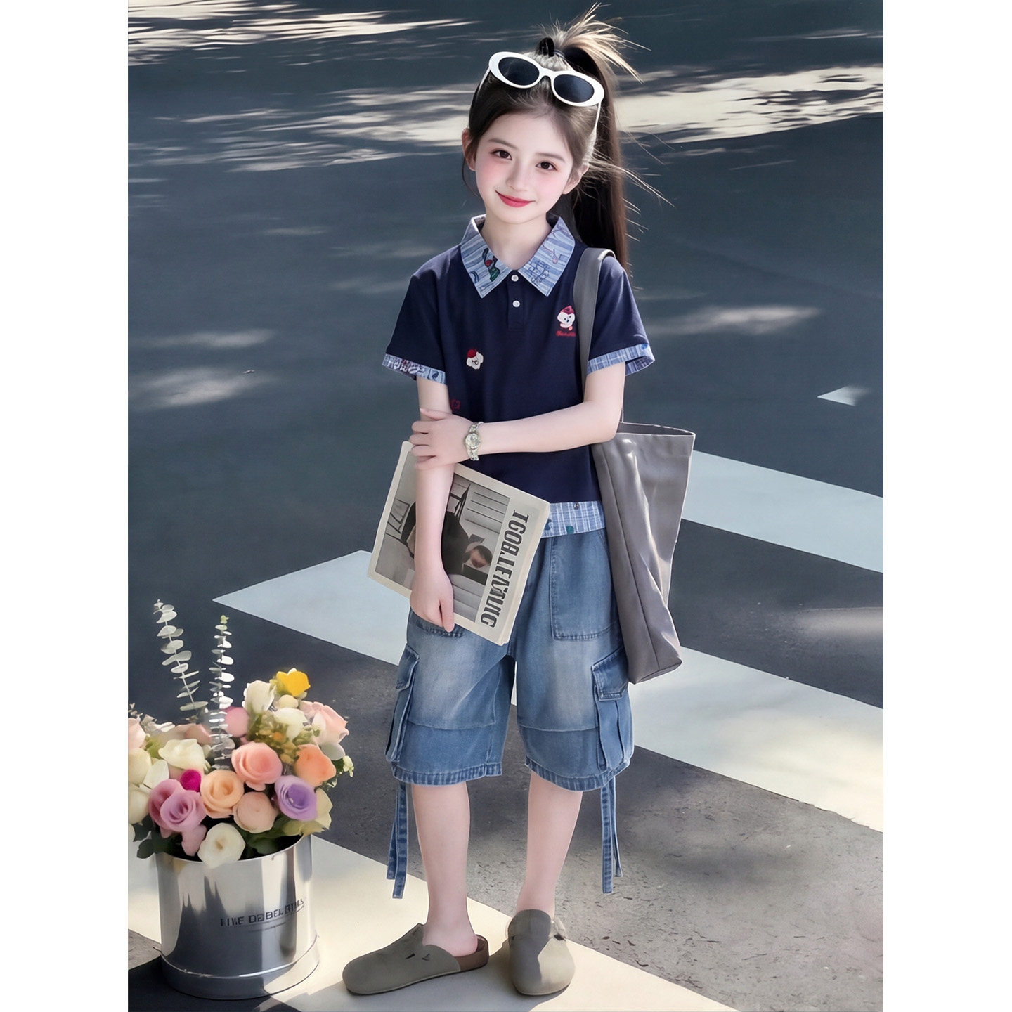 女童短袖t恤套装2026新款夏季儿童韩版polo衫牛仔中裤两件套夏装