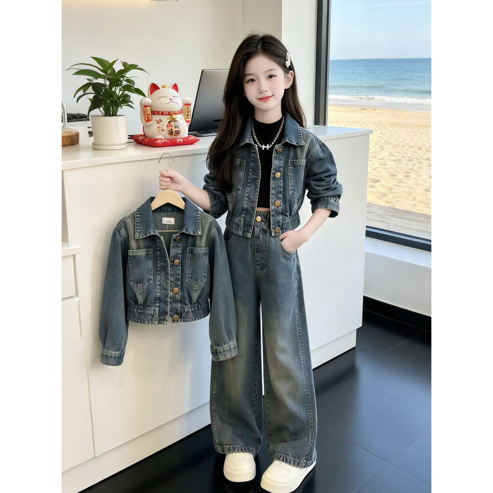 女童秋套装2026新款秋季短款牛仔外套儿童阔腿裤超好看童装两件套