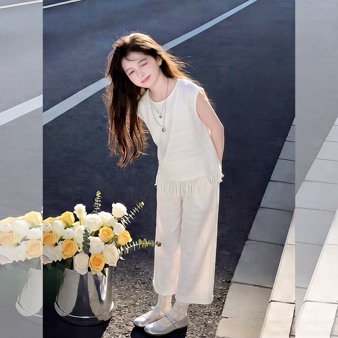 女童装夏季休闲无袖背心阔腿裤两件套2026新款洋气薄款米白色套装