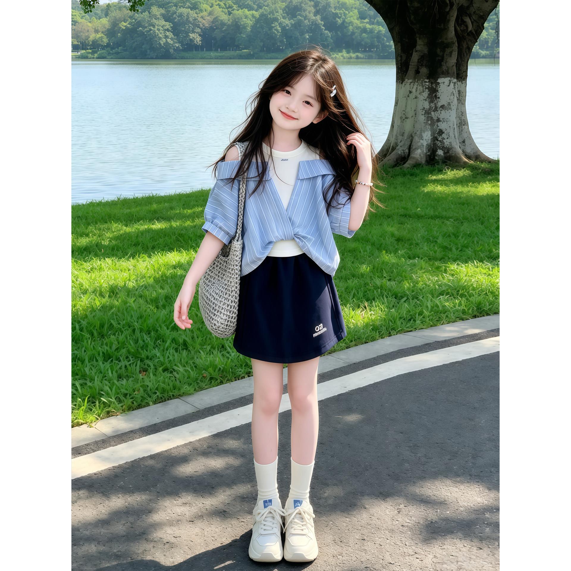 女童夏季套装2026新款儿童洋气露肩假两件短袖女孩夏款裙裤两件套