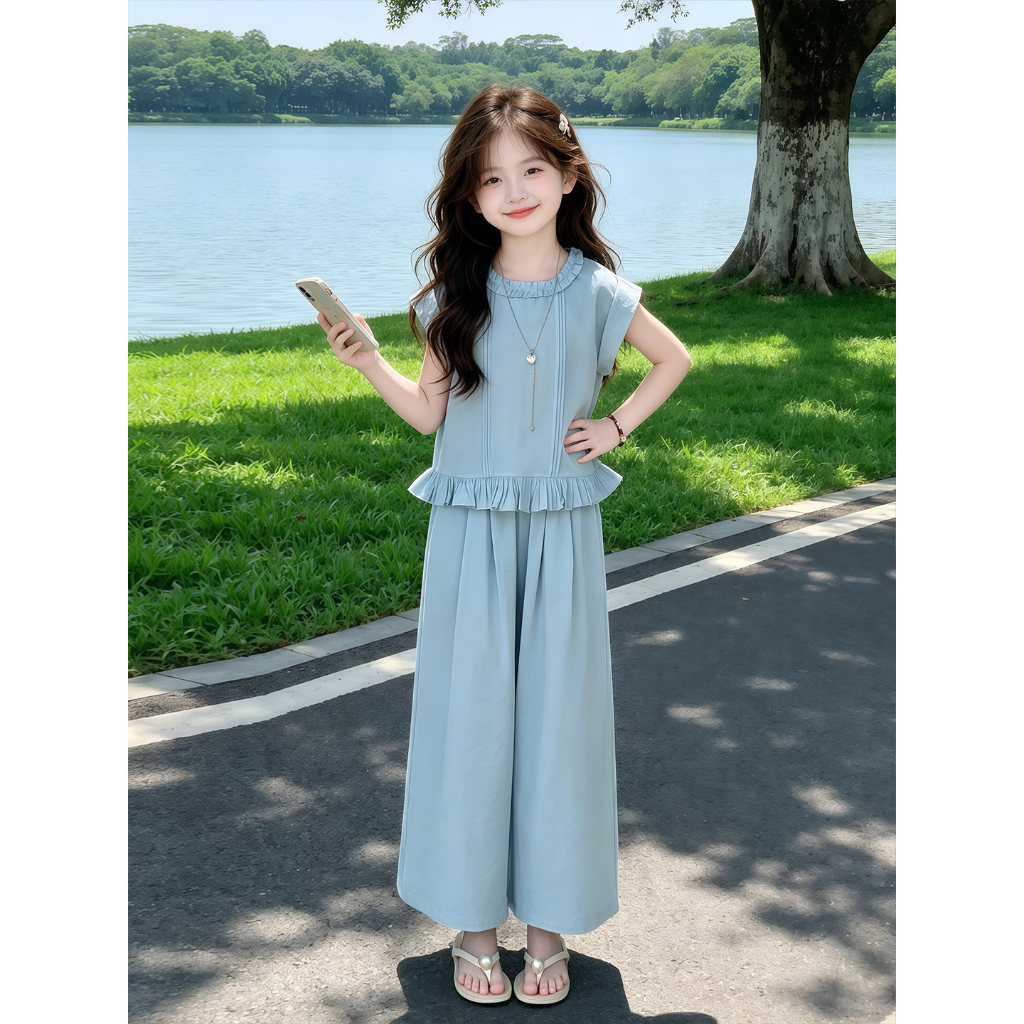 女童夏季套装2026新款儿童洋气荷叶边上衣女孩夏款阔腿裤两件套潮