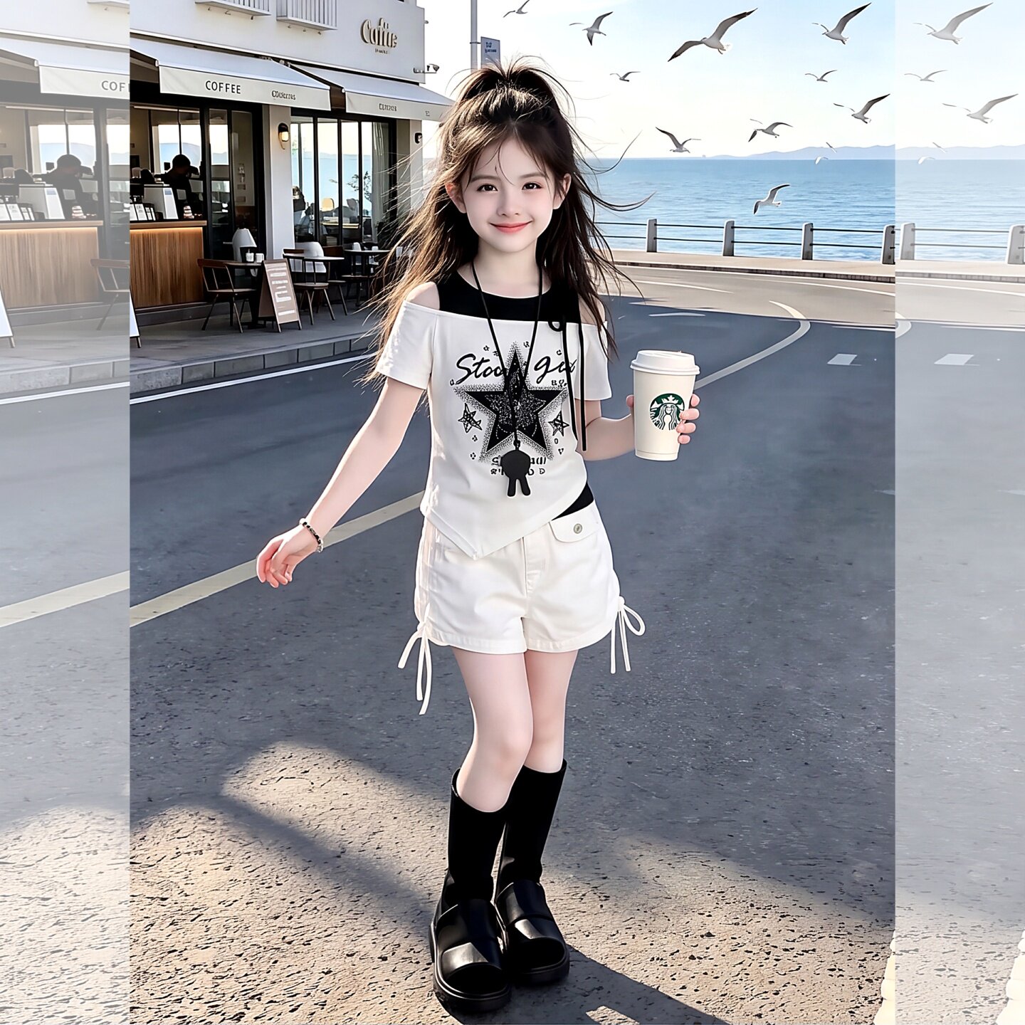 女童短袖短裤套装夏季新款辣妹斜