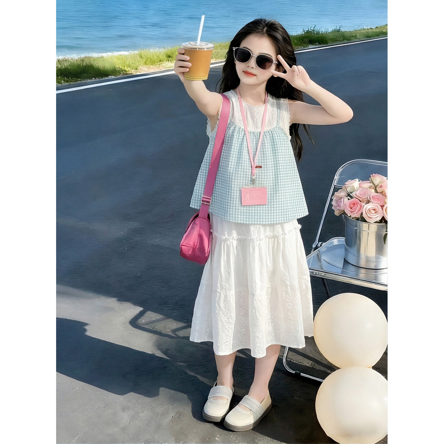 女童夏季格子背心连衣裙两件套装