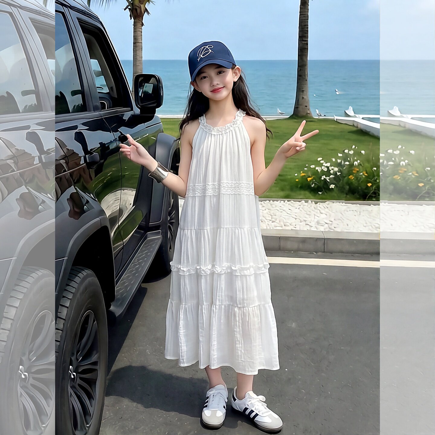女童雪纺连衣裙夏花边无袖吊带裙