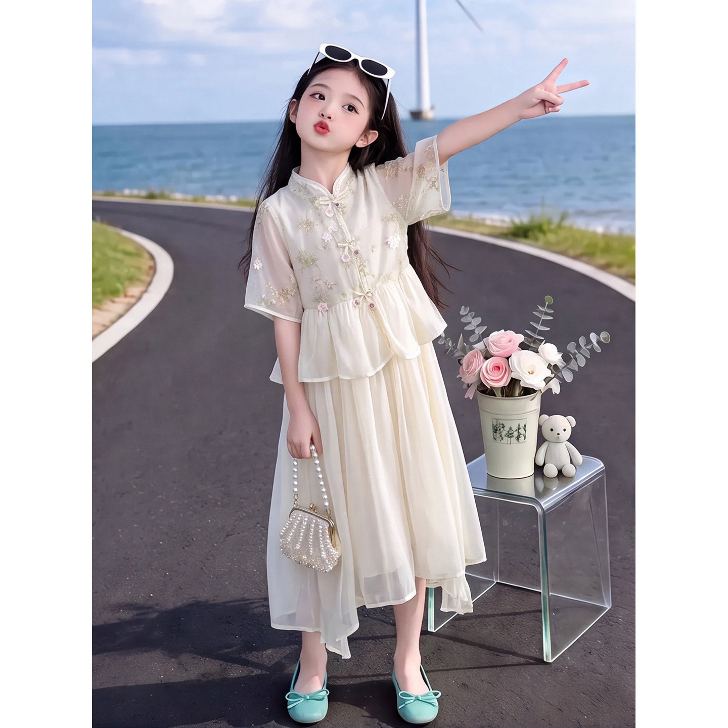 女童新中式连衣裙套装夏季新款中