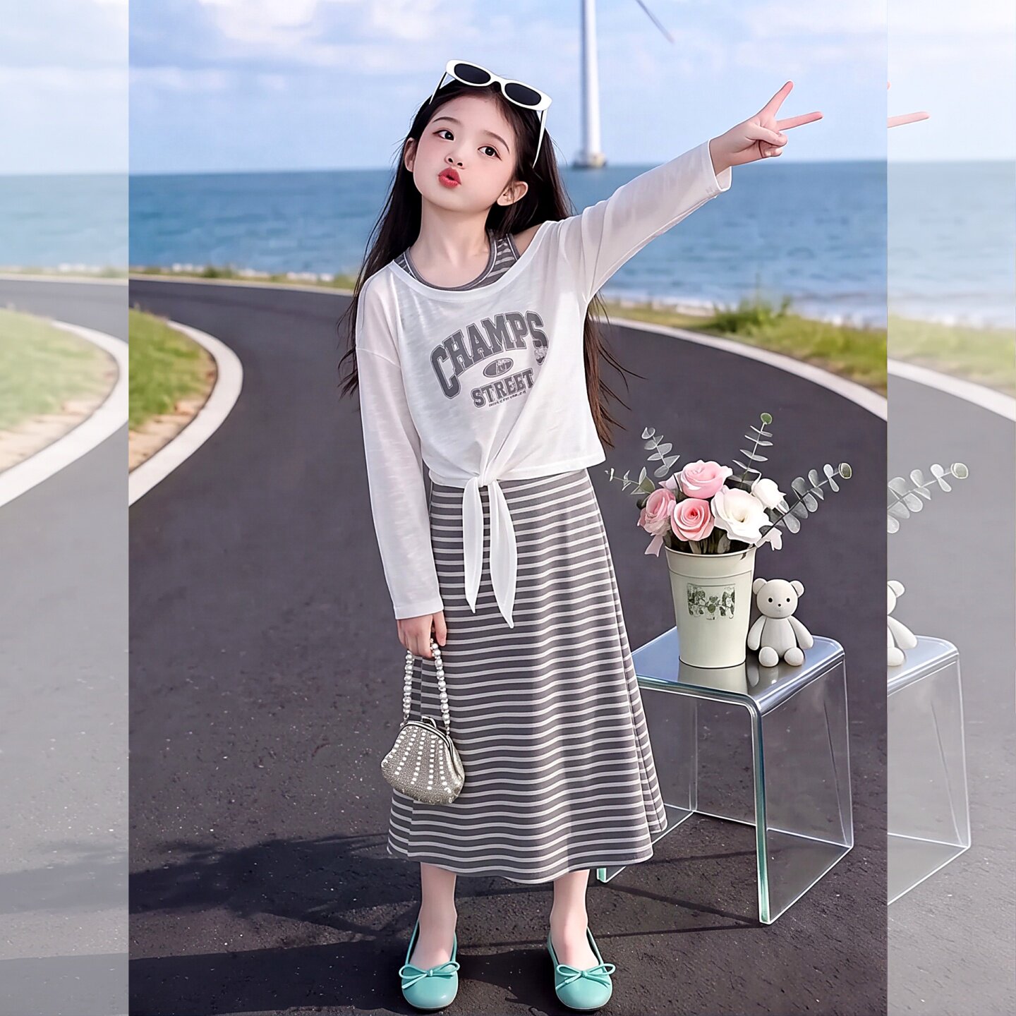 女童夏季慵懒风条纹长裙2026新款