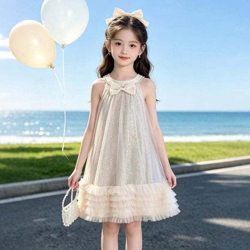 女童夏季亮片连衣裙2026新款儿童蝴蝶结网纱裙子女孩公主风蓬蓬裙