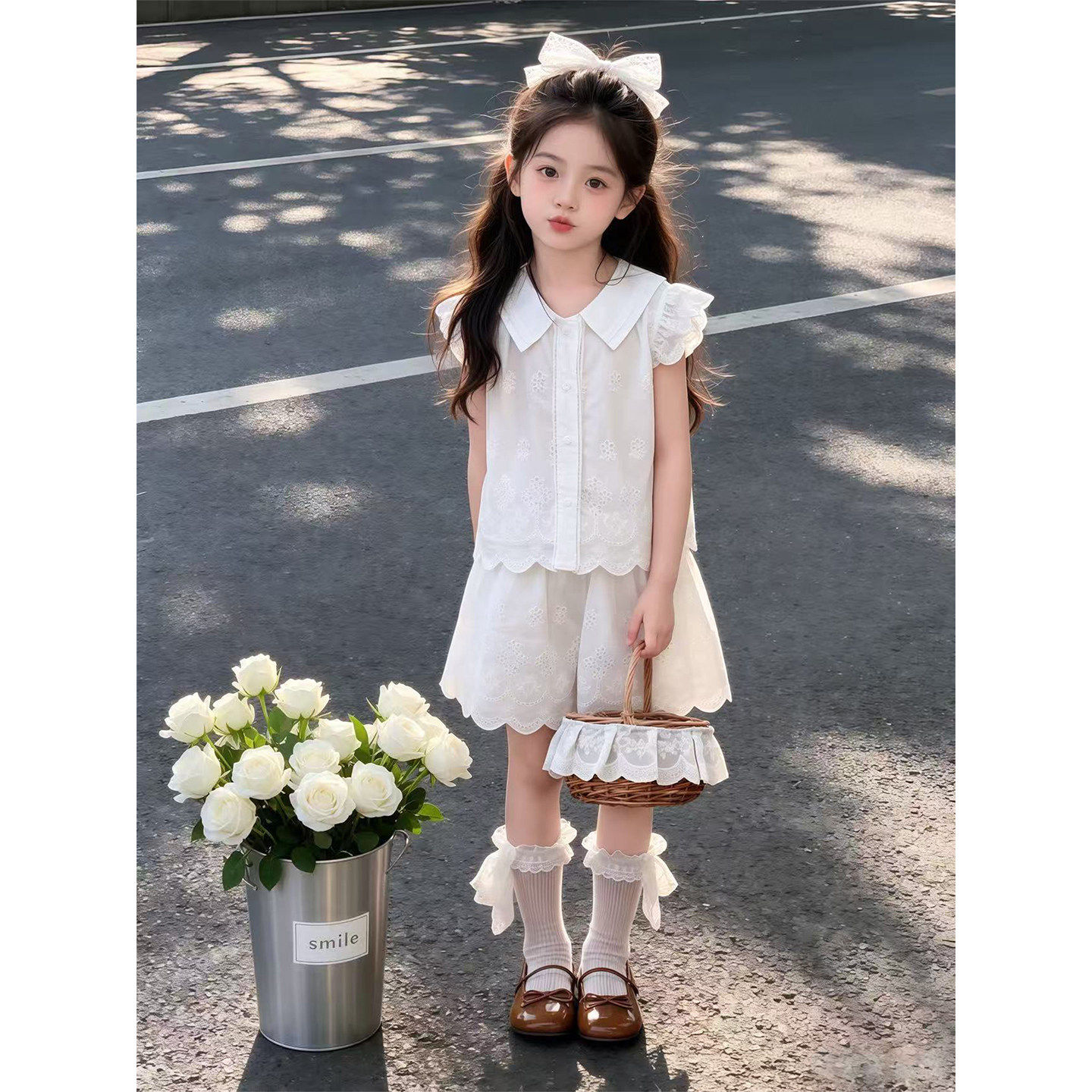 女童夏套装2026新款儿童白色花边短袖短裤两件套夏季女孩洋派夏装