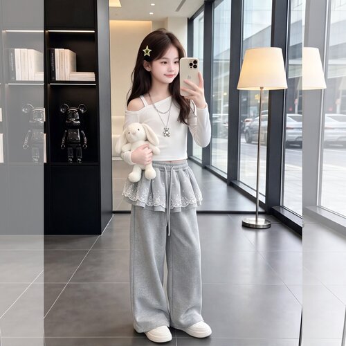 女童春秋蕾丝拼接阔腿长裤新款
